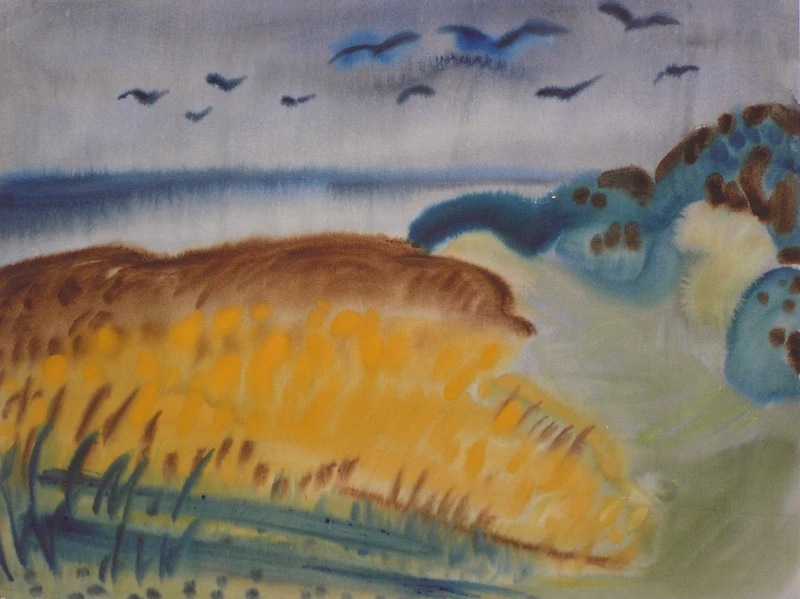 Kornfeld am Wasser (1951), Aquarell
